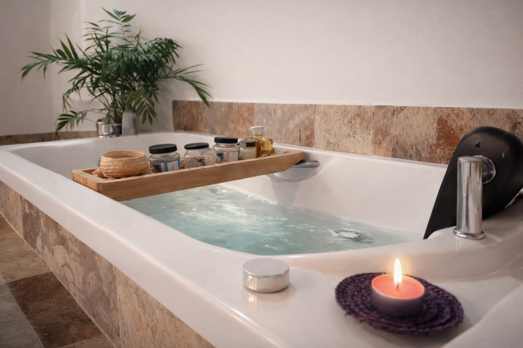 Baño con bañera, velas, productos de spa y una planta decorativa.