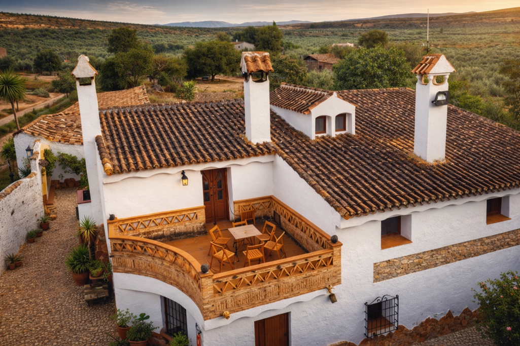 Casa rural con terraza, chimeneas y entorno natural, ubicada en un paisaje de campo.
