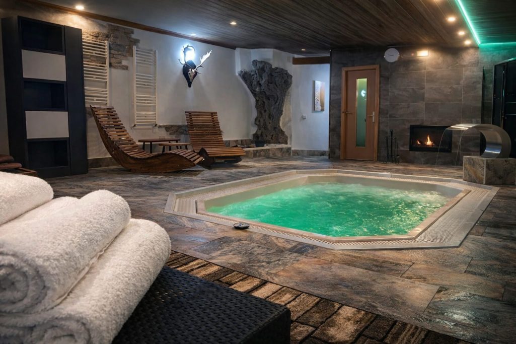 Spa interior with a green hot tub, wooden loungers, and cozy ambient lighting.