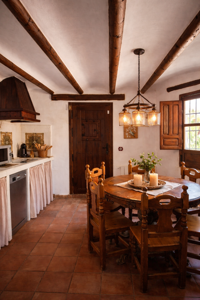 Cocina acogedora con mesa de madera, sillas y techos de vigas expuestas.