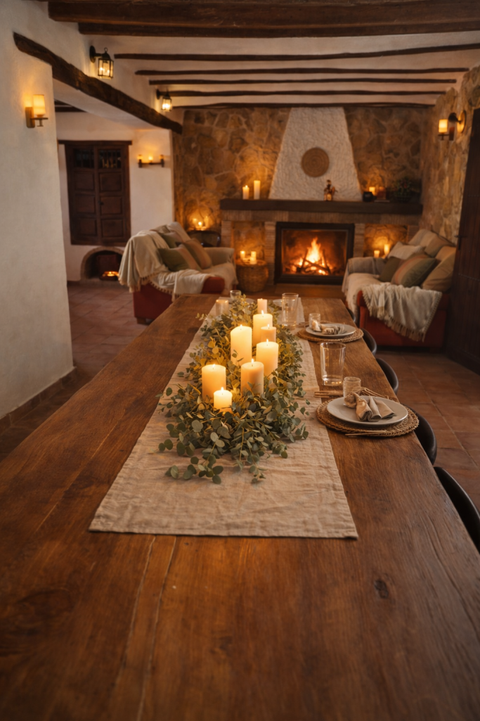 Mesa de madera con velas y decoración, en sala acogedora con chimenea encendida.