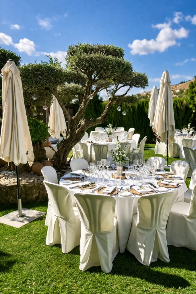 Mesa de banquete elegante al aire libre con sombrillas en un jardín.