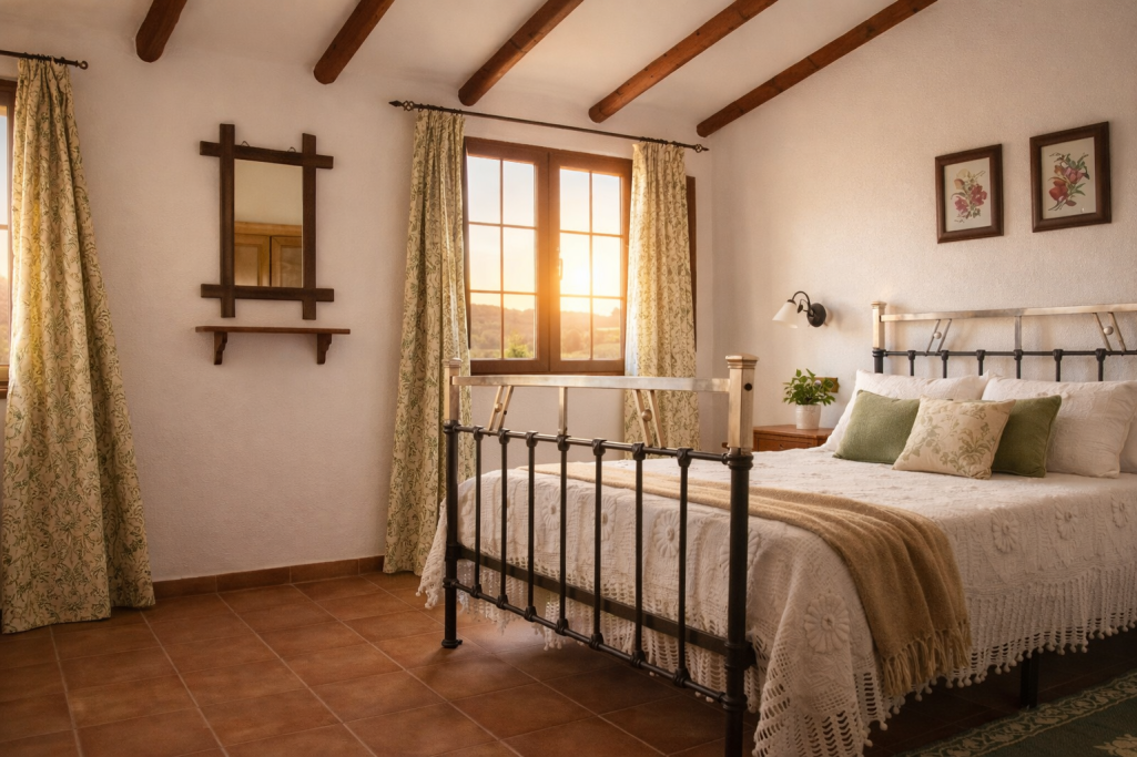 Habitación acogedora con cama, cortinas oscuras y luz del atardecer por la ventana.