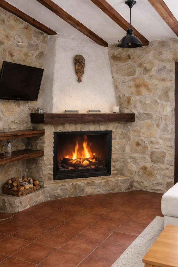 Chimenea encendida en una sala con paredes de piedra y techo de vigas de madera.