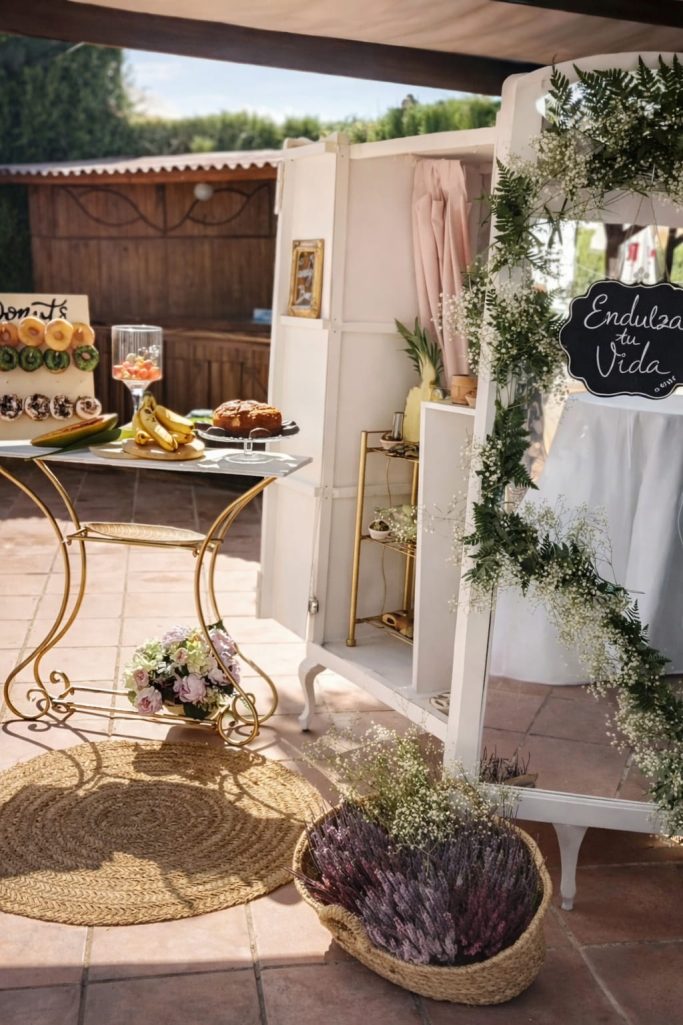 Decoración de un evento con mesa, aperitivos, y un cartel de "Bienvenidos".