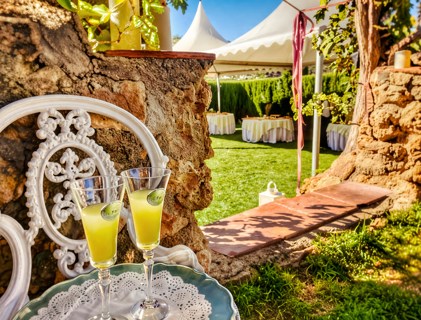 Dos copas de cóctel amarillo en una mesa junto a un jardín con carpa.