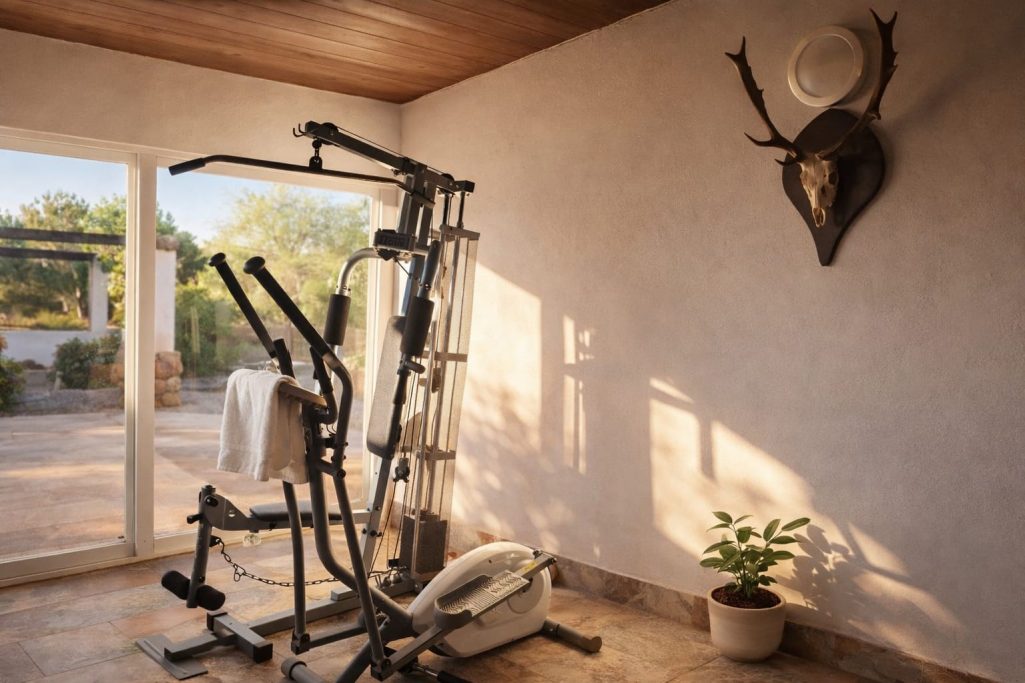 Gimnasio en casa con equipo de ejercicio y un trofeo de ciervo en la pared.