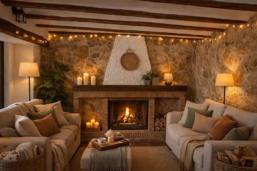 Salón acogedor con chimenea, decoración de piedra y luces cálidas. Sofás con cojines.