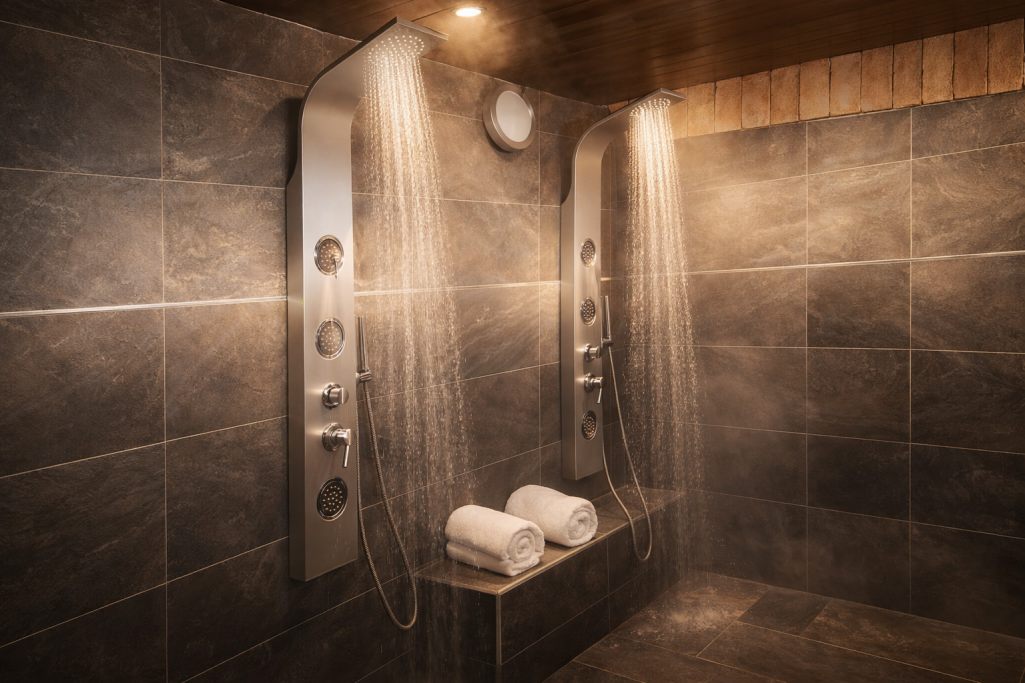 Ducha de spa con paredes de azulejos y toallas enrolladas en un estante.