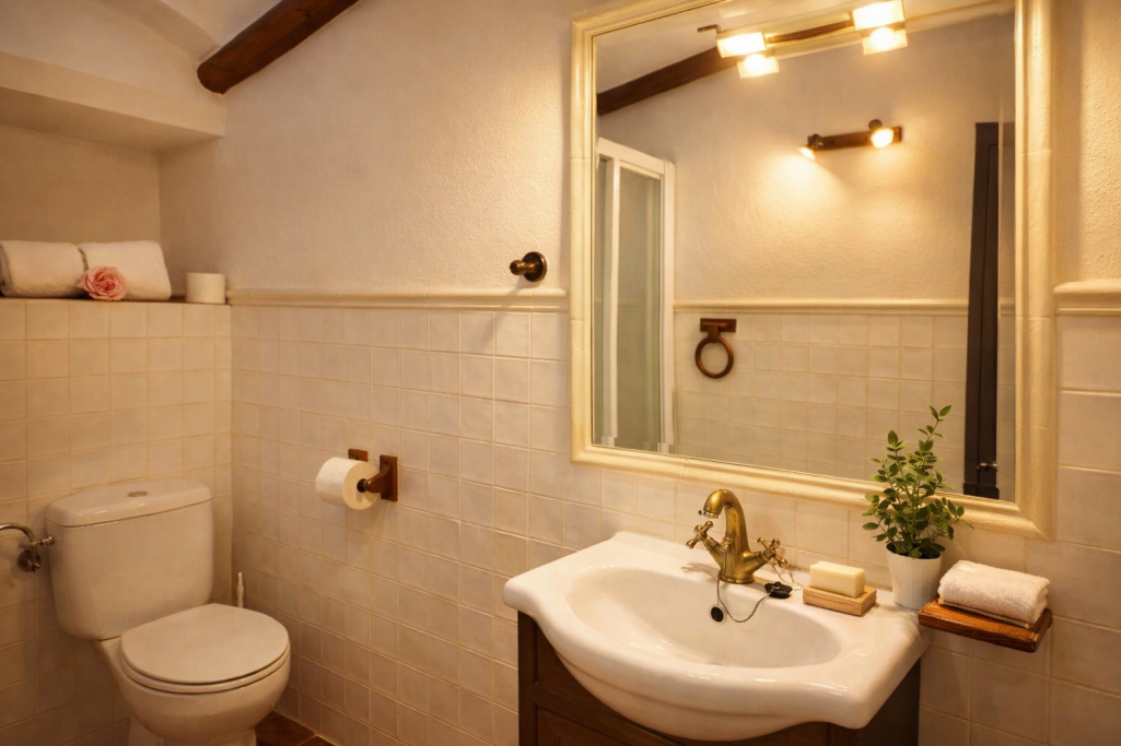 Baño acogedor con lavabo, espejo, inodoro y detalle de planta decorativa.