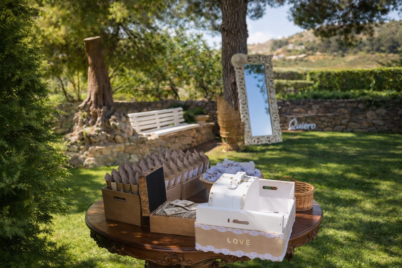 Mesa decorada en un jardín, con cajas, un espejo y un banco de madera.