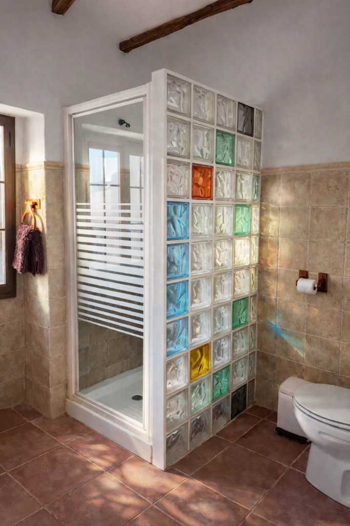 Ducha con pared de bloques de vidrio de colores en un baño con acabados rústicos.