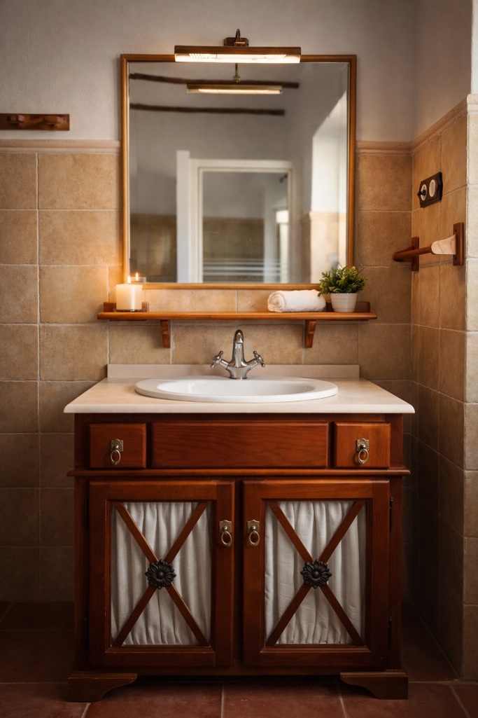 Mueble de baño de madera con lavabo, espejo y decoración sencilla en tonos neutros.