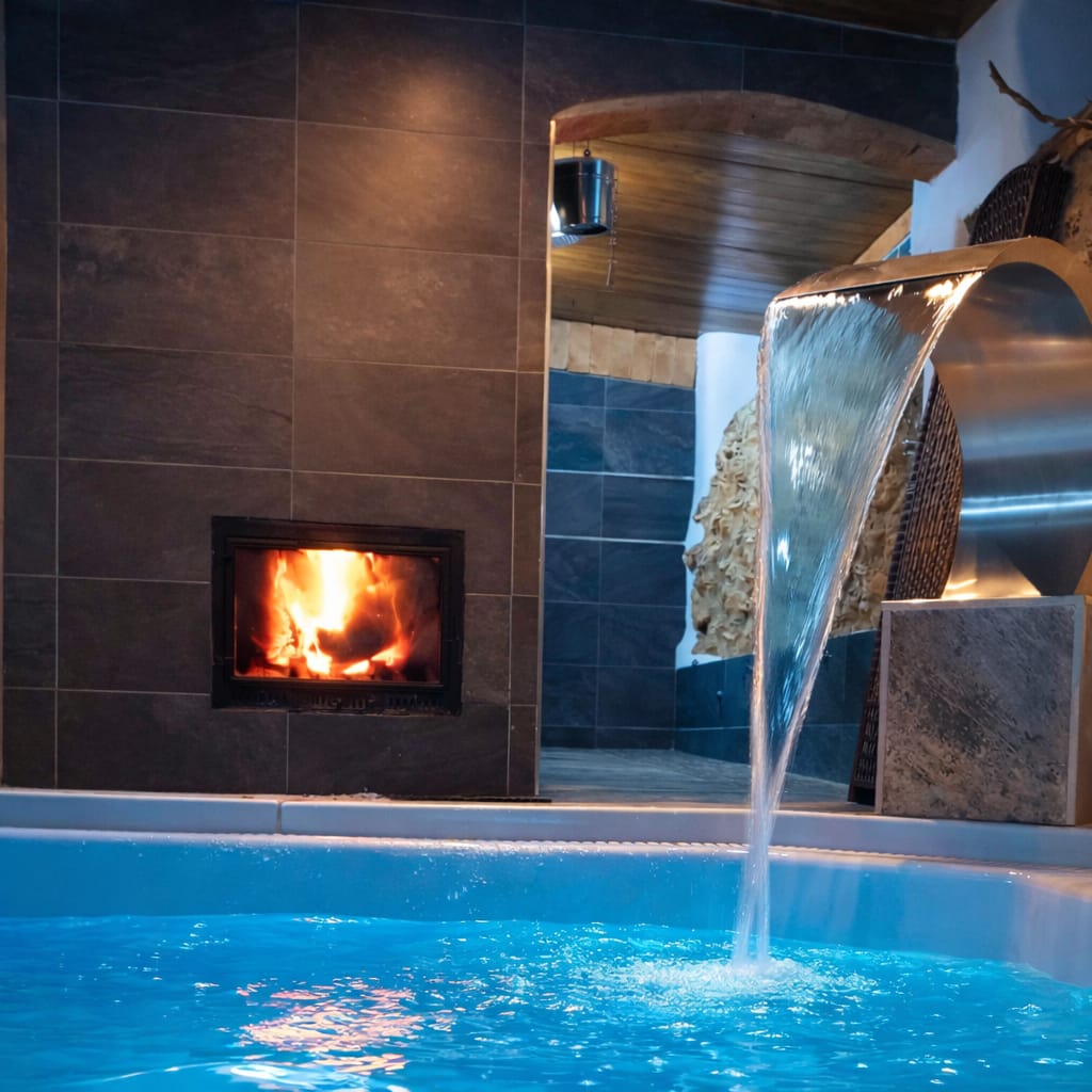 Jacuzzi con agua azul y chimenea encendida en un ambiente acogedor.