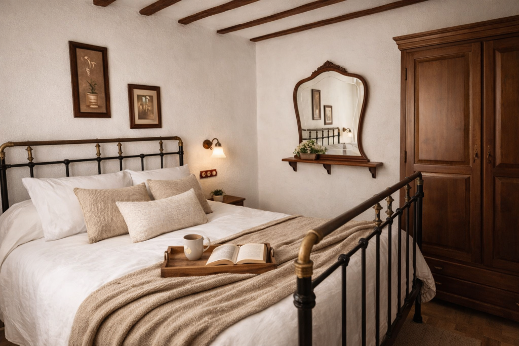 Habitación acogedora con cama matrimonial, decoración rústica y espejo vintage.
