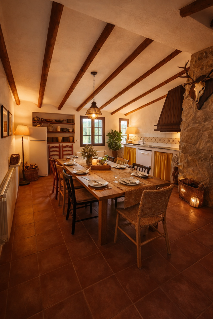 Comedor acogedor con mesa larga, sillas de madera y decoración rústica.