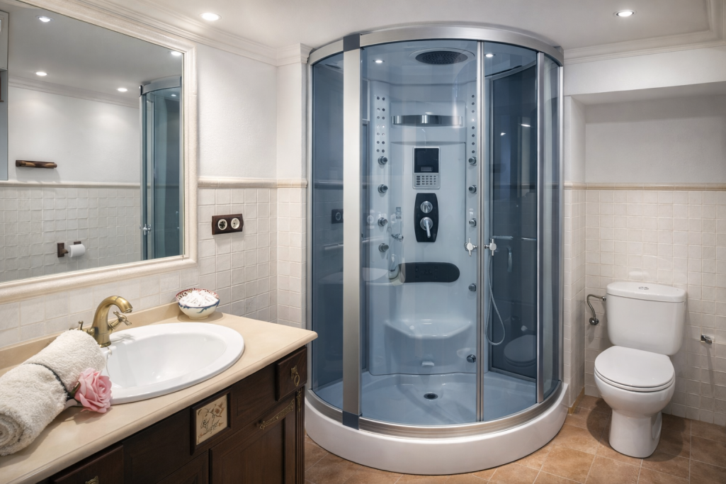 Baño moderno con ducha de hidromasaje, lavabo y inodoro. Decoración elegante.