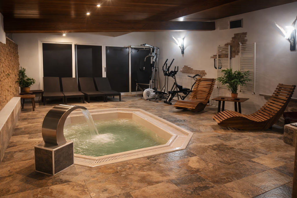 Zona de bienestar con spa, tumbonas y equipo de ejercicio en un ambiente relajante.